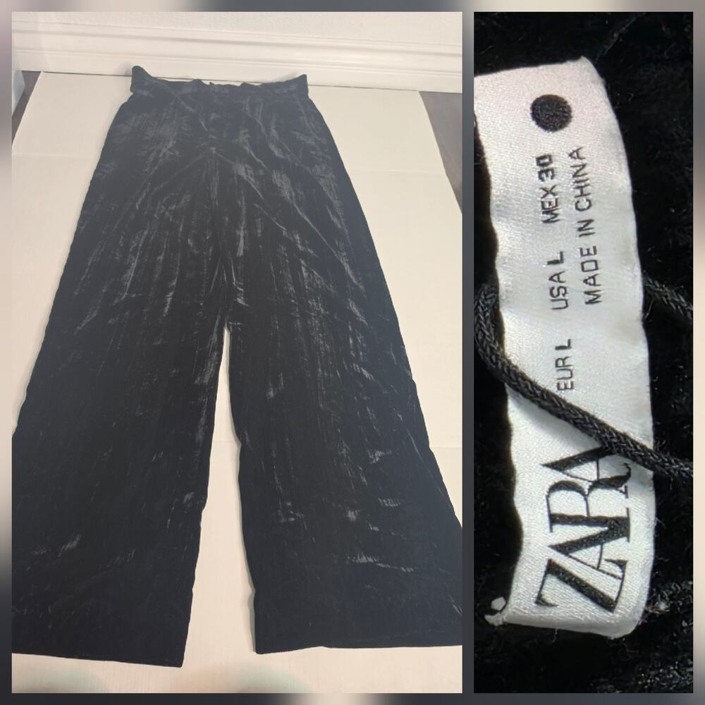Zara Trouser Pants Womens SZ L Velour Wide Leg High Rise Black Office Siren